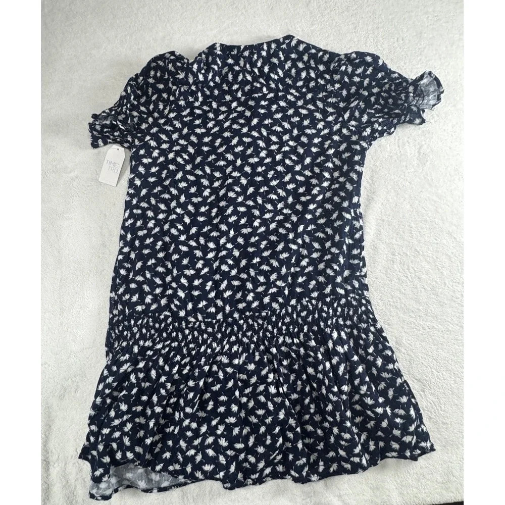 Time and Tru Navy Floral Smocked Drop Waist Cotton Mini Dress L 12-14